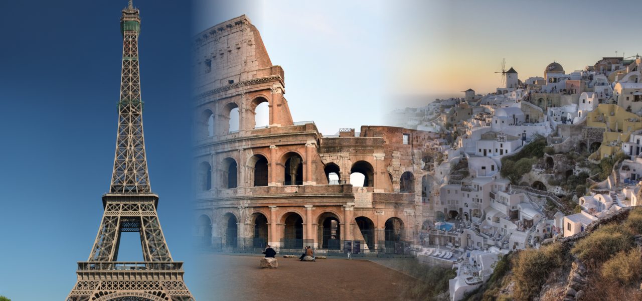 Europe: Eiffel Tower, Colosseum, Oia, Greece