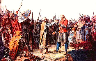 Artist's conception of King Olaf Tryggvason of Norway, who forcibly Christianised Orkney.[68] Painting by Peter Nicolai Arbo.