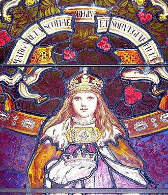 Lerwick Town Hall stained glass window depicting "Margaret, queen of Scotland and daughter of Norway"