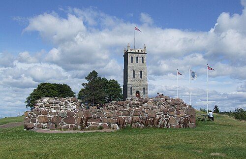 Ruins of the Tønsberg Fortress in Tønsberg with the famous Slottsfjell Tower [no] in the background