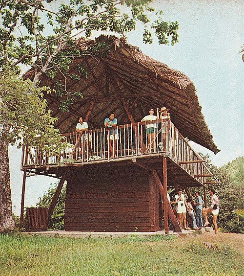 Tourists on the viewing lodge for Vallée de Mai on the island of Praslin, Seychelles (1970s)