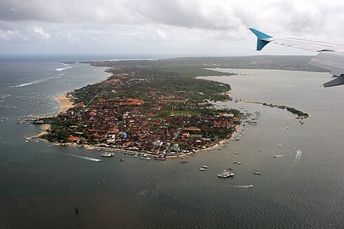The peninsula of Tanjung Benoa, with the village of Benoa in the foreground and Nusa Dua in the background