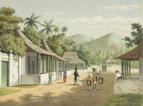 Lithograph of a street view in Ambon (1880s)
