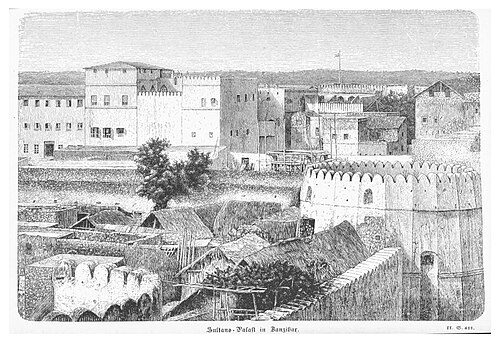 A sketch of Stone Town showing the old fort and palace from the year 1871 to the year 1875