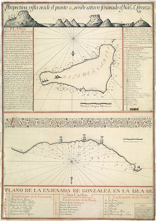 The map of Easter Island (renamed "Isla de San Carlos") from González de Ahedo's 1770 expedition. North is down.