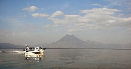 A view across Lake Atitlán from Panajachel to Volcán San Pedro