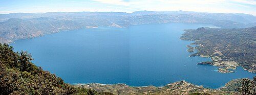 Panorama view of the lake as seen from the top of Volcán San Pedro, or from the top towards the bottom of the satellite photo on the top of this page