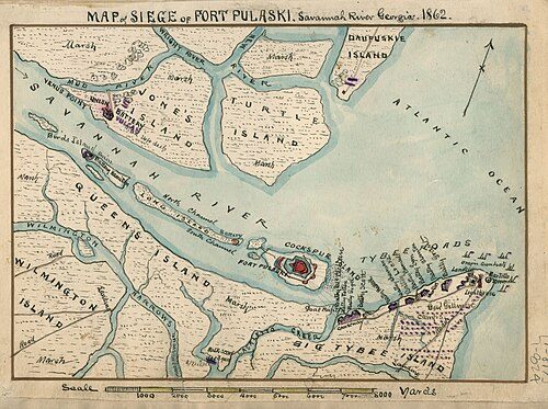 Robert K. Sneden map showing Union batteries on Tybee Island