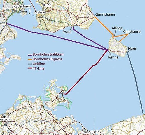 Ferry routes to and from Bornholm