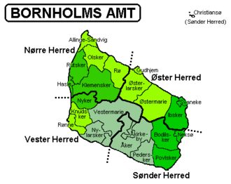 Bornholm and Christiansø hundreds and 5 municipalities (1970–2002) in green colour and 21 municipalities before 1 April 1970