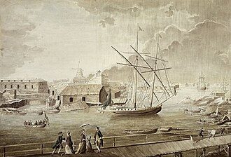A pojama flying the blue naval ensign of the Swedish archipelago fleet in Artilleriviken (Tykistölahti); painting by Adolf Geete, 1760