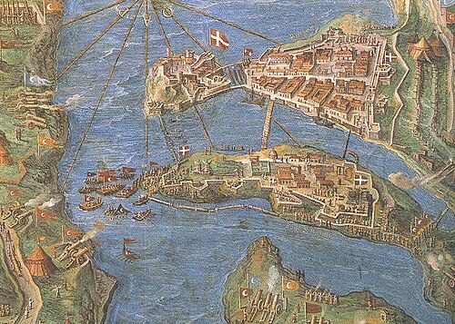 The Ottoman army bombs the Knights' Three Cities from the peninsula of Sciberras during the 1565 Great Siege.