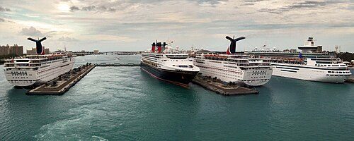 Prince George Wharf in Nassau Harbour. Ships from left to right are Carnival Fascination, Disney Magic, Carnival Sensation, and Majesty of the Seas.