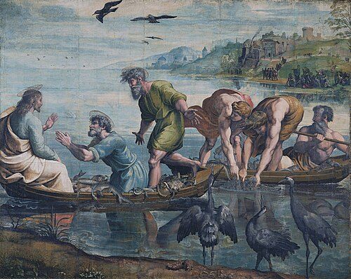 Jesus and the miraculous catch of fish, in the Sea of Galilee. Many people in Roman-era Galilee were fishermen.[25]