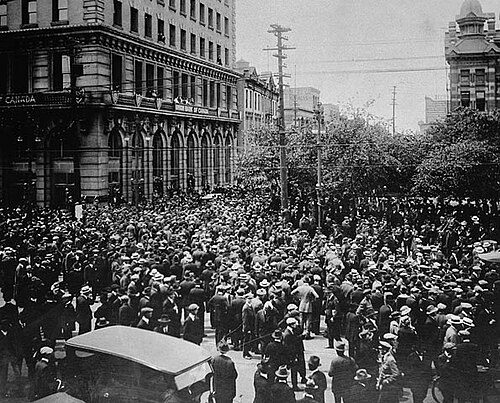 Crowd gathered outside old City Hall during the Winnipeg General Strike in 1919
