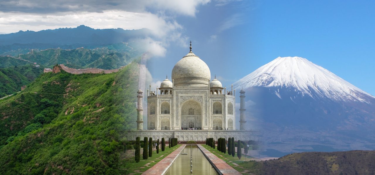 Asia: Great Wall of China, Taj Mahal, Mount Fuji