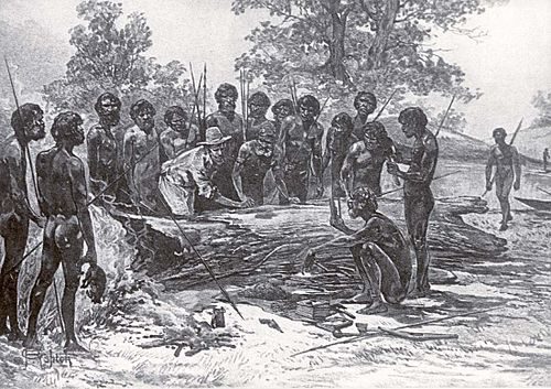 A late 19th-century artist's depiction of John Batman's treaty with a group of Wurundjeri elders.