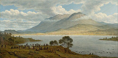 John Glover's 1834 painting Mount Wellington and Hobart Town from Kangaroo Point depicts Aboriginal Tasmanians dancing in the foreground. By this stage however, Aboriginal people had been forcibly exiled from the area following the Black War.