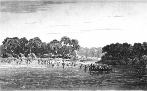 Sketch of P.P. King making contact with the Tiwi at St Asaph Bay, Melville Island, in 1818