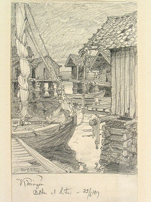 Small fishing huts on Käringön in the Bohuslän archipelago. Drawn by Ferdinand Boberg in 1917.