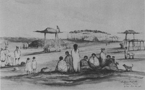 A Māori village on the Canterbury Plains with the surveyors Capt. Thomas, Heaphy, White and Torlesse on the left (sketched by William Fox in 1848).